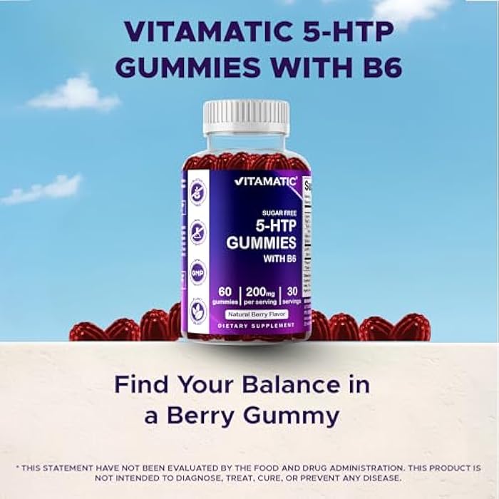 Vitamatic Sugar Free 5-HTP 200mg Gummies with B6 – 60 Pectin-Based Gummies – Mood Support & Stress Relief- 2 Pack - Image 4
