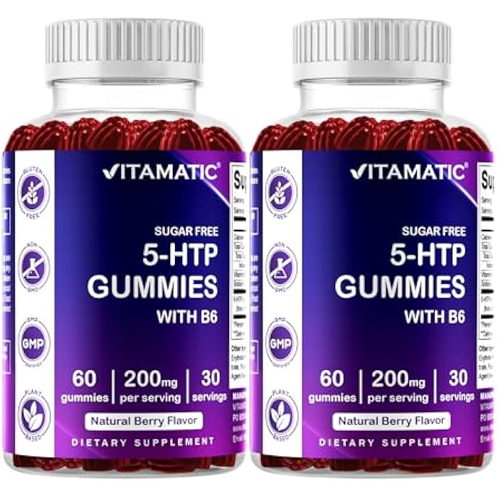 Vitamatic Sugar Free 5-HTP 200mg Gummies with B6 – 60 Pectin-Based Gummies – Mood Support & Stress Relief- 2 Pack - Image 1