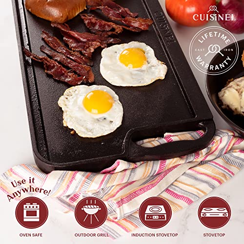 Cuisinel Cast Iron Griddle/Grill + Scraper/Cleaner - Reversible Pre-Seasoned 20" X 10"-inch Dual Handle Flat Skillet and Griller Pan + Cleaning Accessories - Indoor/Outdoor Stove Top Burner, Gas Safe - Image 4