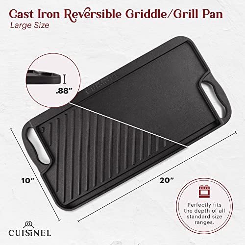 Cuisinel Cast Iron Griddle/Grill + Scraper/Cleaner - Reversible Pre-Seasoned 20" X 10"-inch Dual Handle Flat Skillet and Griller Pan + Cleaning Accessories - Indoor/Outdoor Stove Top Burner, Gas Safe - Image 2