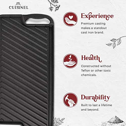 Cuisinel Cast Iron Griddle/Grill + Scraper/Cleaner - Reversible Pre-Seasoned 20" X 10"-inch Dual Handle Flat Skillet and Griller Pan + Cleaning Accessories - Indoor/Outdoor Stove Top Burner, Gas Safe - Image 3