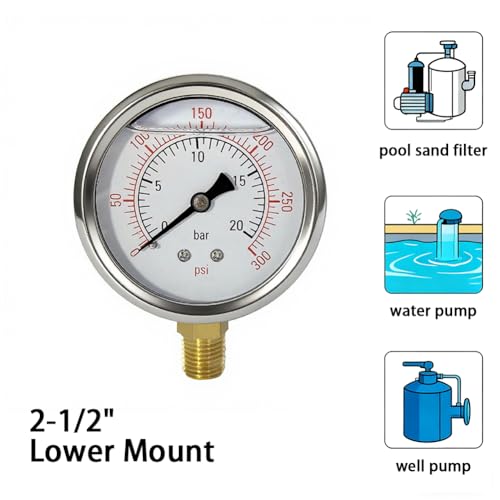 YSIL 0-300 Psi Glycerin Liquid Filled Low Pressure Gauge 2.5" Dial Size Stainless Steel 1/4" NPT Water Oil Air Lower Mount for Water Pump Pneumatic Hose Tank Gas Pressure Test - Image 3