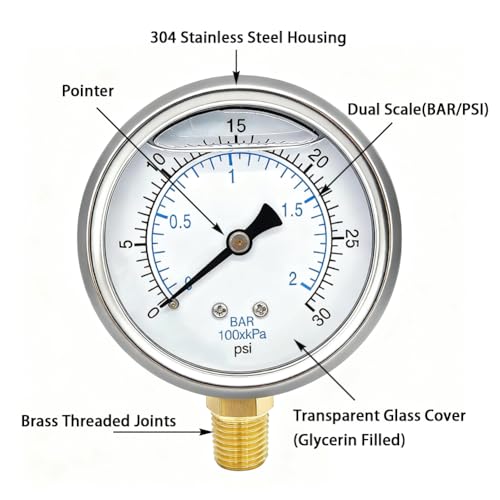 YSIL 0-300 Psi Glycerin Liquid Filled Low Pressure Gauge 2.5" Dial Size Stainless Steel 1/4" NPT Water Oil Air Lower Mount for Water Pump Pneumatic Hose Tank Gas Pressure Test - Image 5