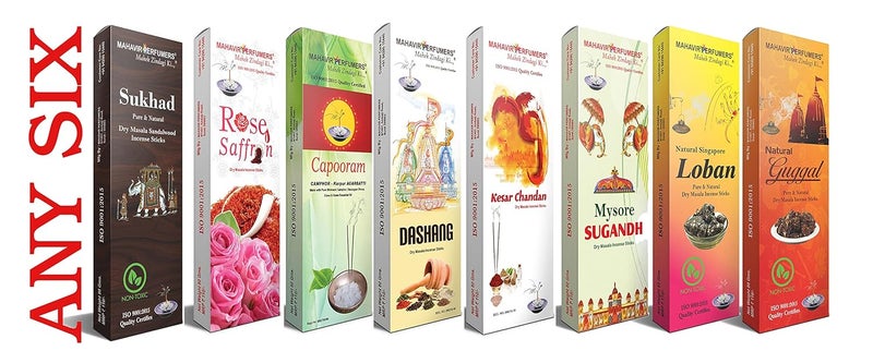 MAHAVIR PERFUMERS ماهافير للعطور أعواد بخور طبيعية جافة عبوة من 6 صناديق متنوعة كل صندوق يحتوي على 80 جرام إجمالي 460 جرام تقريبًا 330 عود بخور - Image 1