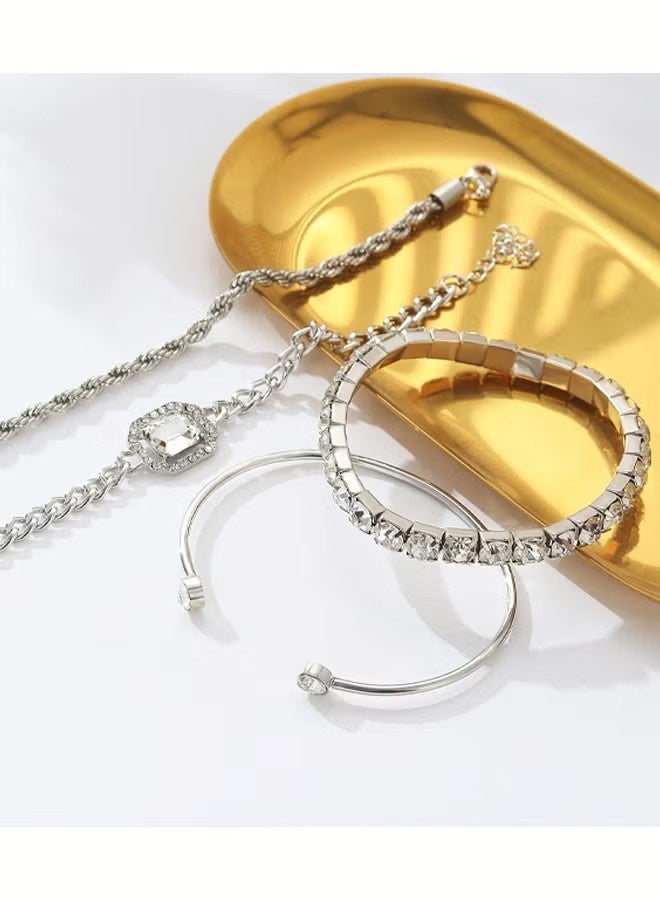 YJ Set of 4 Bracelets for Women Trendy Zinc Alloy and Cubic Zirconia Stackable Dainty Cuff Bracelet Adjustable Charm Rhinestone Cuban Link Chain Tarnish Free Silver Jewelry Sets Fashion Accessories Gifts Daily Use Party Holiday - Image 4