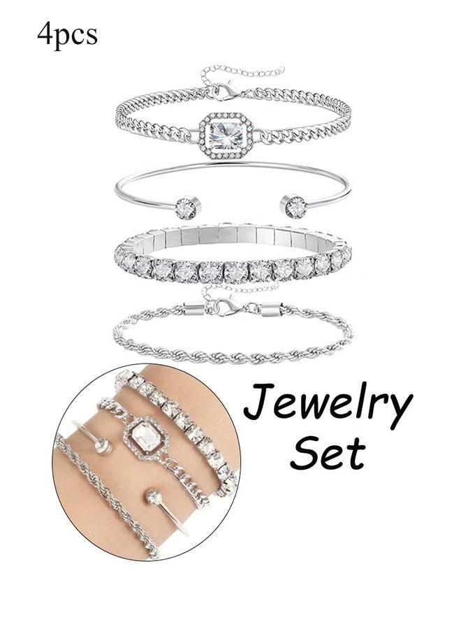 YJ Set of 4 Bracelets for Women Trendy Zinc Alloy and Cubic Zirconia Stackable Dainty Cuff Bracelet Adjustable Charm Rhinestone Cuban Link Chain Tarnish Free Silver Jewelry Sets Fashion Accessories Gifts Daily Use Party Holiday - Image 1