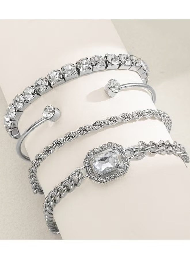 YJ Set of 4 Bracelets for Women Trendy Zinc Alloy and Cubic Zirconia Stackable Dainty Cuff Bracelet Adjustable Charm Rhinestone Cuban Link Chain Tarnish Free Silver Jewelry Sets Fashion Accessories Gifts Daily Use Party Holiday - Image 5