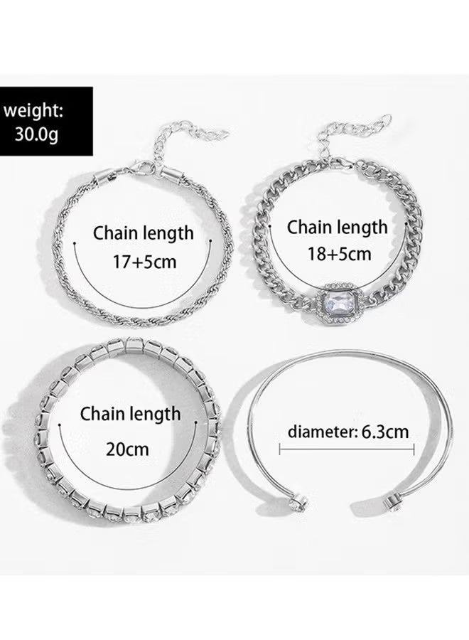 YJ Set of 4 Bracelets for Women Trendy Zinc Alloy and Cubic Zirconia Stackable Dainty Cuff Bracelet Adjustable Charm Rhinestone Cuban Link Chain Tarnish Free Silver Jewelry Sets Fashion Accessories Gifts Daily Use Party Holiday - Image 3