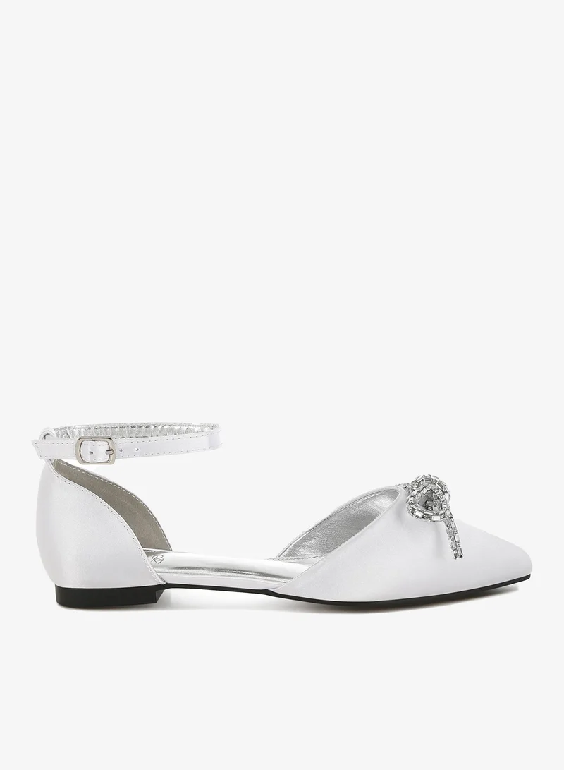 Rhinestone Detail Bow Flat Sandals in White