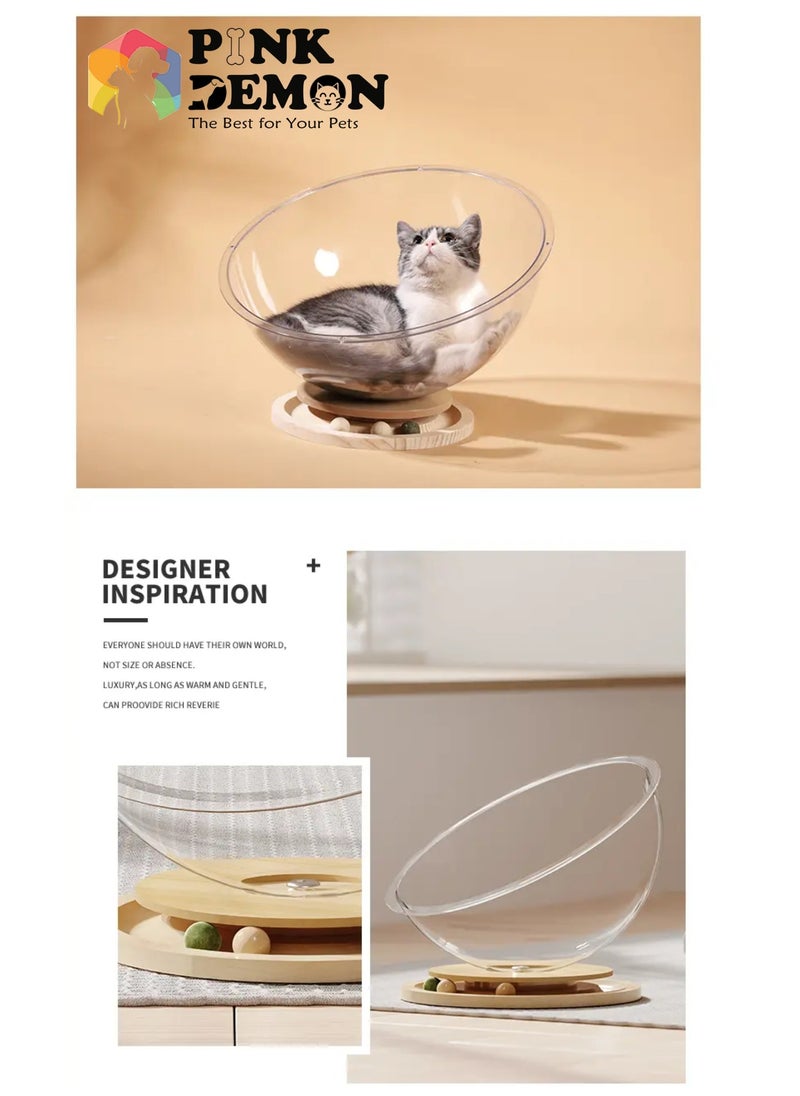 Pink Demon New Large space capsule cat bed turntable cat bed, stable solid wood base, high transparent acrylic cat toys, suitable for cats under 6kg  Play and sleep  - Image 4