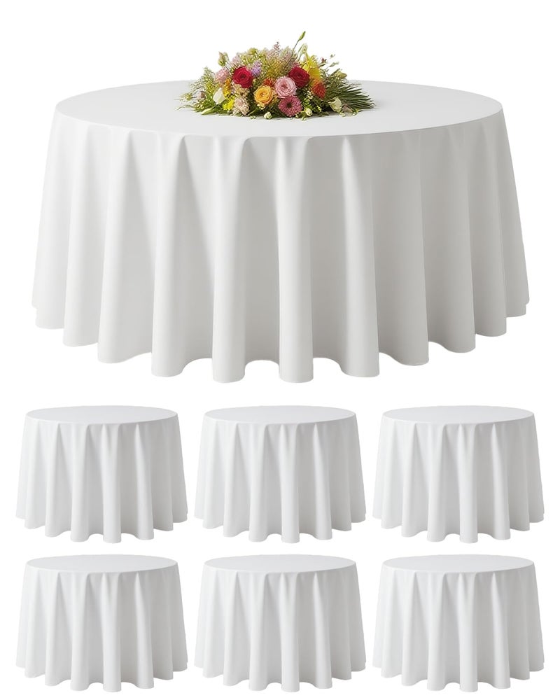 BESTVIP 6 Pack 120" White Round Fabric Tablecloths - Polyester Washable Decorative Table Cloth Cover for Wedding, Reception, Banquet, Birthday, Parties, Buffets, Restaurant - Image 1