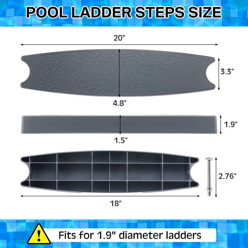 Maasechs 4 Pcs Pool Ladder Steps Replacement 18" Universal Heavy Duty Molded Plastic Ladder Rung Step with 8 Pcs Stainless Steel Bolts for Inground and Above Ground Pools (Gray) - Image 2