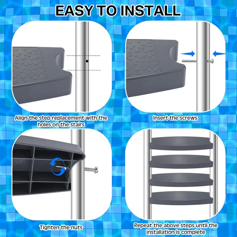 Maasechs 4 Pcs Pool Ladder Steps Replacement 18" Universal Heavy Duty Molded Plastic Ladder Rung Step with 8 Pcs Stainless Steel Bolts for Inground and Above Ground Pools (Gray) - Image 4