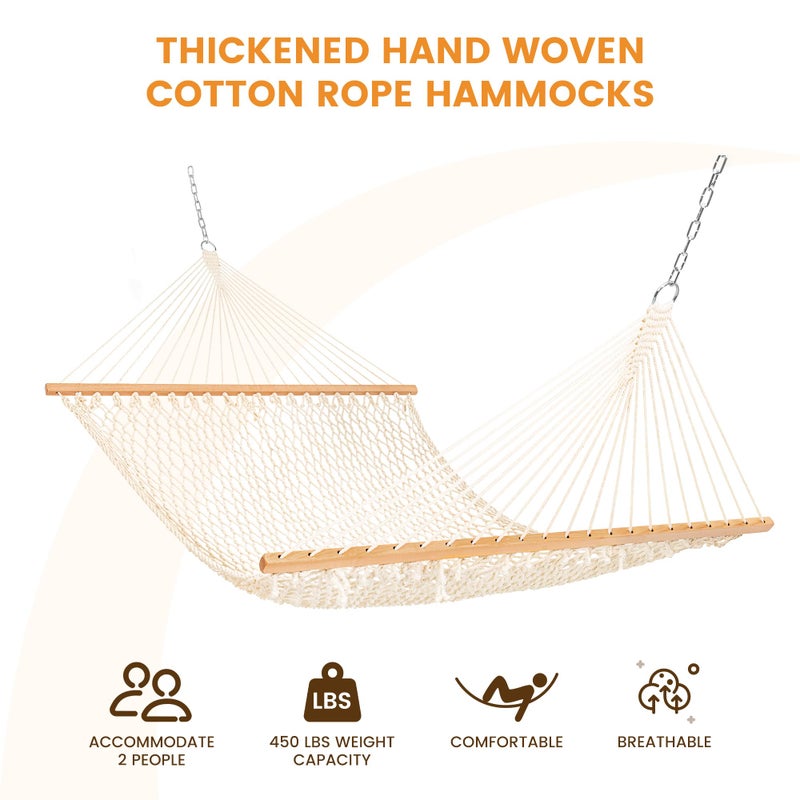 Lazy Daze Hammocks Double Rope Hammock, 2 Person Traditional Outdoor Hand Woven Cotton Rope Hammock with Spreader Bar, Carabiners, Tree Straps, Chains for Patio Yard - Max 450 Lbs, Natural - Image 2