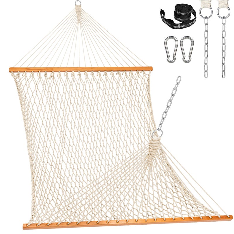 Lazy Daze Hammocks Double Rope Hammock, 2 Person Traditional Outdoor Hand Woven Cotton Rope Hammock with Spreader Bar, Carabiners, Tree Straps, Chains for Patio Yard - Max 450 Lbs, Natural - Image 1