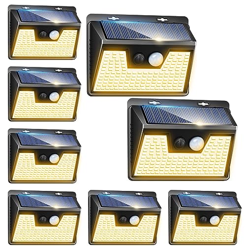 Peasur Solar Lights Outdoor Waterproof 8 Pack140LED Warm White Motion Sensor Light UltraBright 3 Modes Solar Fence Security Lighting for Wall Garden Yard Garage Patio