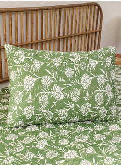 housethis 3-Piece Cotton Bedsheet Set Includes Genda Phool Bed Sheet (Green) & 2 Pillow Covers (46x69cm) | Machine Washable | 144 Thread Count Bed Linen with Pillow Case  - Image 1