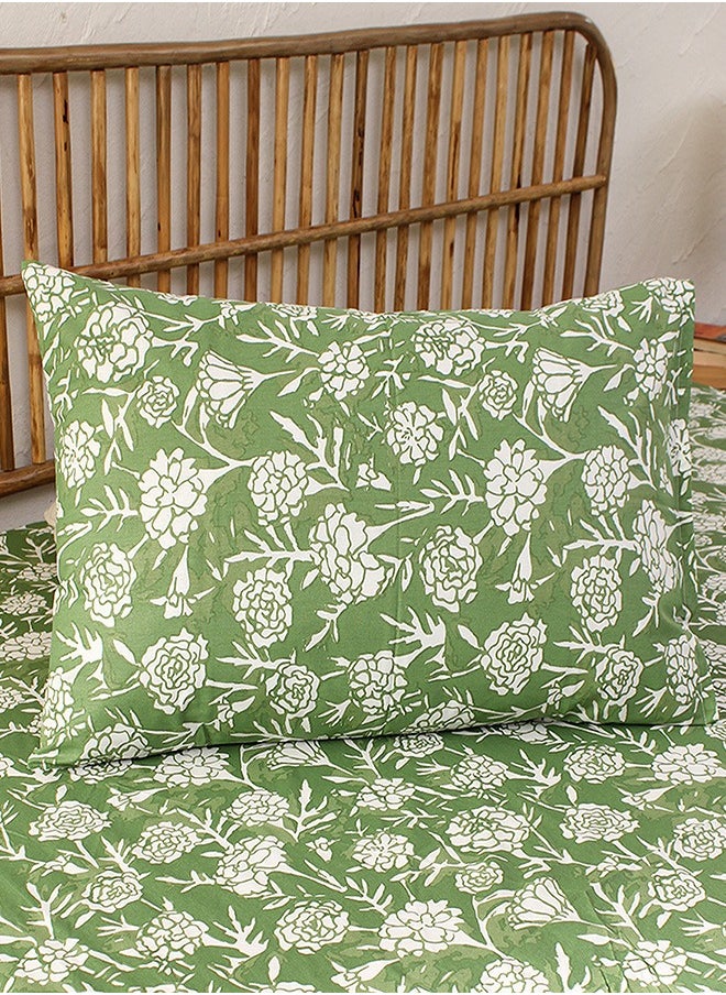 housethis 3-Piece Cotton Bedsheet Set Includes Genda Phool Bed Sheet (Green) & 2 Pillow Covers (46x69cm) | Machine Washable | 144 Thread Count Bed Linen with Pillow Case  - Image 1