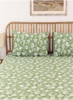 housethis 3-Piece Cotton Bedsheet Set Includes Genda Phool Bed Sheet (Green) & 2 Pillow Covers (46x69cm) | Machine Washable | 144 Thread Count Bed Linen with Pillow Case  - Image 2