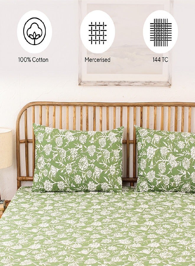 3-Piece Cotton Bedsheet Set Includes Genda Phool Bed Sheet (Green) & 2 Pillow Covers (46x69cm) | Machine Washable | 144 Thread Count Bed Linen with Pillow Case
