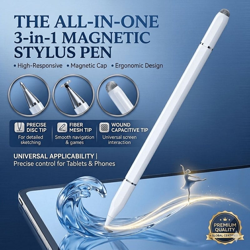 3 In 1 Universal Stylus Pen Black With 4pcs Replacement Tips High Precision Touch Screen Stylus Compatible With iPad iPhone Android Tablets Smartphones Ideal For Drawing Writing Note Taking Office Editing Ergonomic High Sensitivity - Image 1