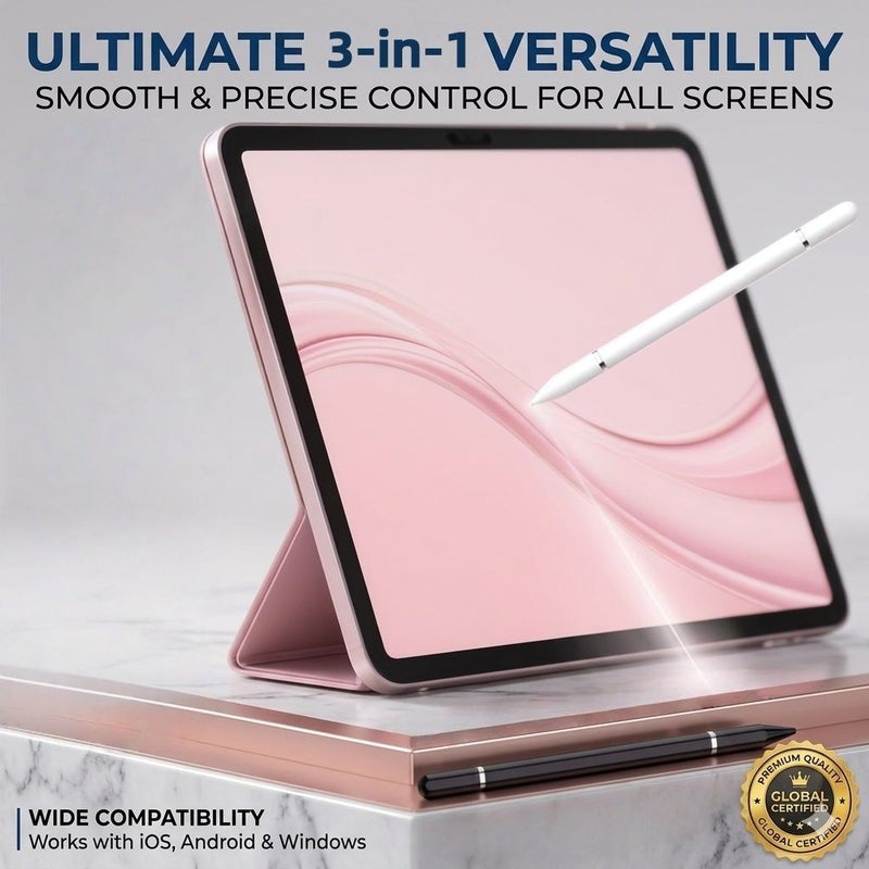 3 In 1 Universal Stylus Pen Black With 4pcs Replacement Tips High Precision Touch Screen Stylus Compatible With iPad iPhone Android Tablets Smartphones Ideal For Drawing Writing Note Taking Office Editing Ergonomic High Sensitivity - Image 3