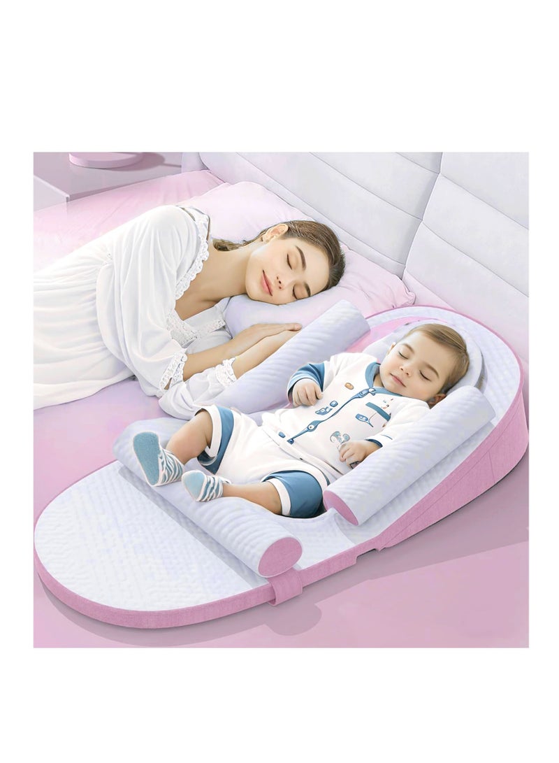 تراسل سرير سفر للرضع، سرير أطفال رضع، سرير استرخاء للرضع، عش نوم للأطفال، وسادة نوم إسفينية للرضيع، وسادة مضادة للارتجاع، ارتفاع قابل للتعديل يخفف من القيء الحليب، مغص معوي، قضبان جانبية - Image 1