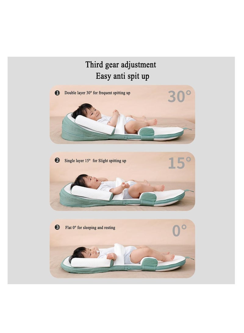 تراسل سرير سفر للرضع، سرير أطفال رضع، سرير استرخاء للرضع، عش نوم للأطفال، وسادة نوم إسفينية للرضيع، وسادة مضادة للارتجاع، ارتفاع قابل للتعديل يخفف من القيء الحليب، مغص معوي، قضبان جانبية - Image 3