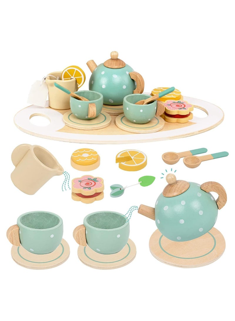 Dominy Wooden Tea Set for Little Girls Play Food Pretend Play Kitchen Accessories for 3 4 5 Years Old Girls and Boys Toddler Princess Tea Time Party Food Toys, Sensory Toys, Toddler Toys  - Image 1