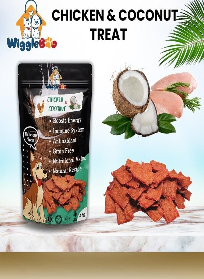 WiggleBoo مكافآت ويغل بو للكلاب بنكهة الدجاج وجوز الهند | غنية بالبروتين | غنية بالألياف | وجبات خفيفة صحية مقرمشة (45 غرام)، مناسبة لجميع مراحل حياة الكلاب، رقائق - Image 2