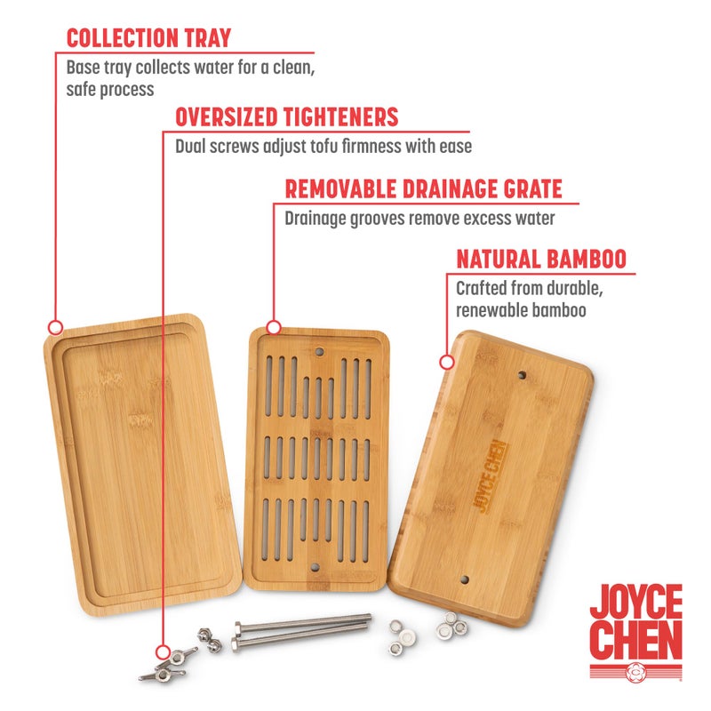 Joyce Chen Bamboo Tofu Press, Built-In Drainage Grate & Removable Drip Tray, Adjustable Dual Tension Screws, Easily Remove Water from Tofu, Mess-Free Tofu Drainer - Image 5