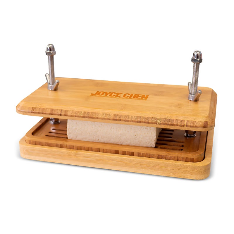 Joyce Chen Bamboo Tofu Press, Built-In Drainage Grate & Removable Drip Tray, Adjustable Dual Tension Screws, Easily Remove Water from Tofu, Mess-Free Tofu Drainer - Image 1