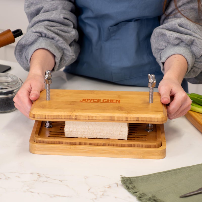 Joyce Chen Bamboo Tofu Press, Built-In Drainage Grate & Removable Drip Tray, Adjustable Dual Tension Screws, Easily Remove Water from Tofu, Mess-Free Tofu Drainer - Image 2