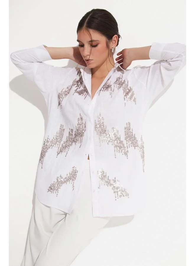 JUNE June Women Exclusive Oversize/Loose Fit 100% Cotton Sequin Detail Shirt Ecru