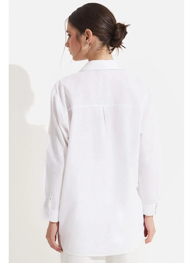 JUNE June Women Exclusive Oversize/Loose Fit 100% Cotton Sequin Detail Shirt Ecru