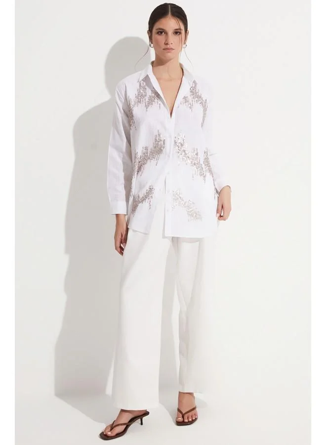 JUNE June Women Exclusive Oversize/Loose Fit 100% Cotton Sequin Detail Shirt Ecru
