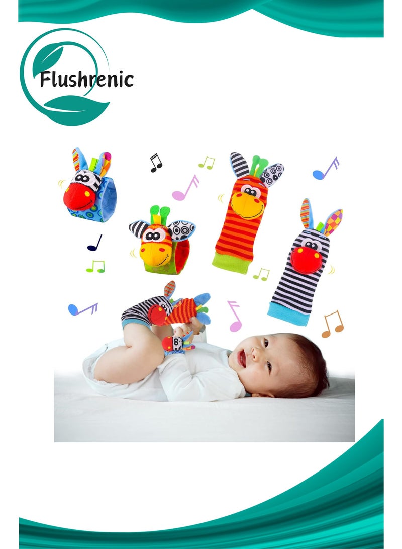 Flushrenic 4 Pcs Baby Wrist Rattles Socks Toys,Newborn Wristband Rattles,Foot Finder Baby Toy with Sensory Stimulation,Soft Animal Bell Strap Development,Gift for 0-9 Month Infant Toddlers Boy Girl - Image 1