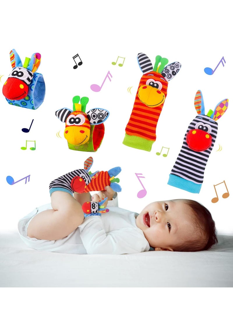 Flushrenic 4 Pcs Baby Wrist Rattles Socks Toys,Newborn Wristband Rattles,Foot Finder Baby Toy with Sensory Stimulation,Soft Animal Bell Strap Development,Gift for 0-9 Month Infant Toddlers Boy Girl - Image 1