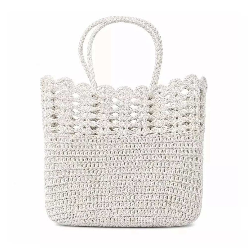 Hand Woven Crochet Large Womens Hand Bag With Flat Braided Handle- White