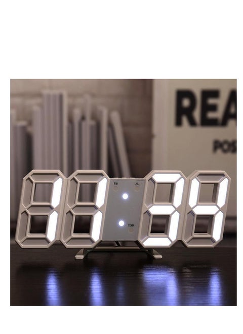 ساعة حائط LED ثلاثية الأبعاد، ساعة منبه رقمية قابلة للتعديل السطوع، ساعة سطح مكتب لعرض التاريخ ودرجة الحرارة، للمنزل والمكتب وغرفة النوم، باللون الأبيض