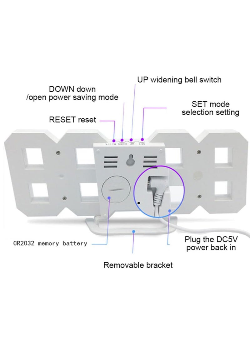 ساعة حائط LED ثلاثية الأبعاد، ساعة منبه رقمية قابلة للتعديل السطوع، ساعة سطح مكتب لعرض التاريخ ودرجة الحرارة، للمنزل والمكتب وغرفة النوم، باللون الأبيض