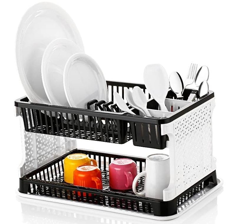Plastic 2 Layer Foldable Kitchen Dish Drainer Organizer Storage Rack with Water Storing Tray 51 x 33 x 27 Centimeters Grey