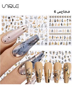 Unique 6 Sheets Gold Nail Art Stickers Decals, 3D Flowers Nail Self-Adhesive Sticker Designs, Holographic Laser Gold Floral Leaf Flame Animal Line Nail Transfer Decal Supplies for Women Girls  - Image 1