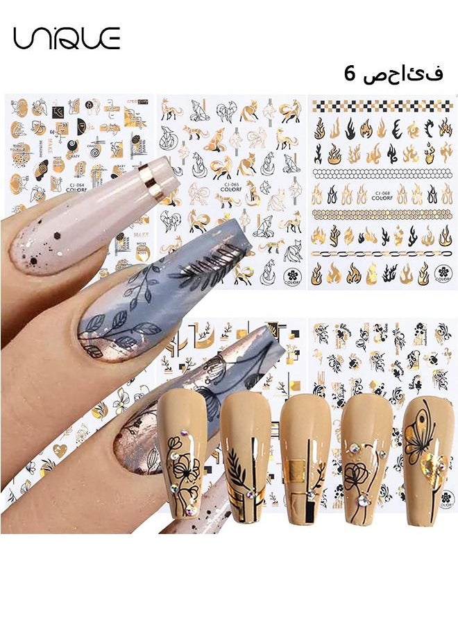Unique 6 Sheets Gold Nail Art Stickers Decals, 3D Flowers Nail Self-Adhesive Sticker Designs, Holographic Laser Gold Floral Leaf Flame Animal Line Nail Transfer Decal Supplies for Women Girls  - Image 1