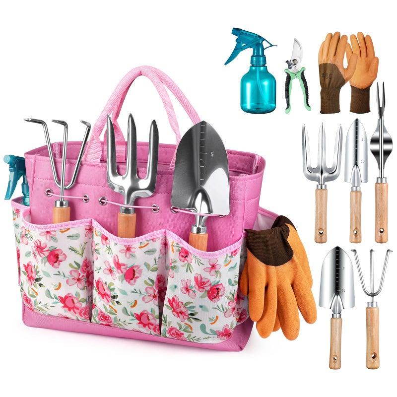 Grenebo Gardening Tools 9-Piece Heavy Duty Garden Hand Tools with Fashion and Durable Garden Tools Organizer Handbag, Rust-Proof Garden Tool Set, Ideal Gardening Gifts for Women (Pink) - Image 1