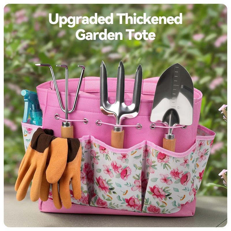 Grenebo Gardening Tools 9-Piece Heavy Duty Garden Hand Tools with Fashion and Durable Garden Tools Organizer Handbag, Rust-Proof Garden Tool Set, Ideal Gardening Gifts for Women (Pink) - Image 2