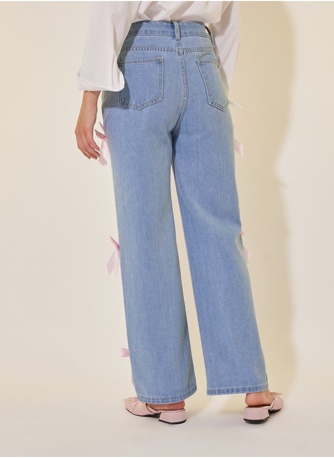 Take Two Mid Rise Wide Leg Faded Jeans with Bow Detail  - Image 4