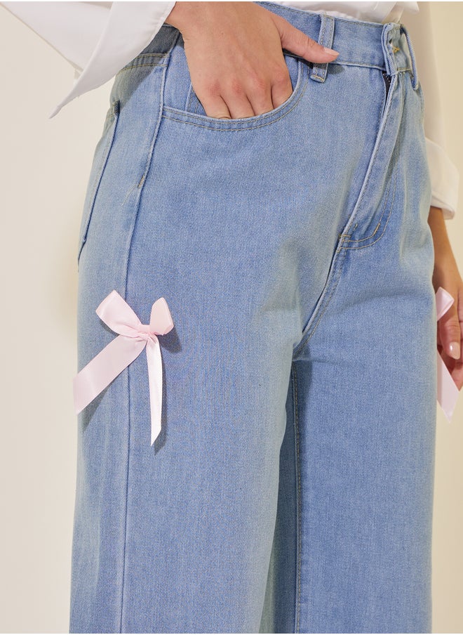 Take Two Mid Rise Wide Leg Faded Jeans with Bow Detail  - Image 3
