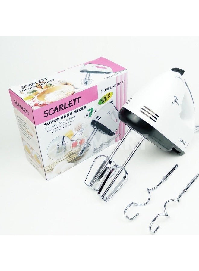 سكارليت خلاط يدوي سكارليت سوبر، خلاط مطبخ كهربائي بـ 7 سرعات مع خطافات عجين، أبيض ووردي، تصميم صغير للخبز - Image 1