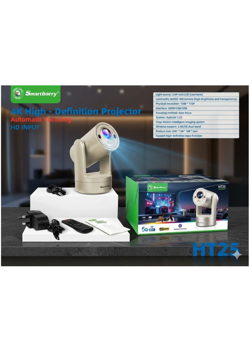 Smartbarry HT25 Projector HD Smart Mini Portable Android 12 System Remote Control Projector Built-in Battery Wireless WiFi 5G Native 1280*720P Support 4K For Home Cinema Bedroom Outdoor Movie Projector for Phone/PC/Tablet/PS - Image 1